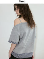 fano Cotton Blend Loose Korean Women Half Sleeve Bardot Off Shoulder Crop Tops