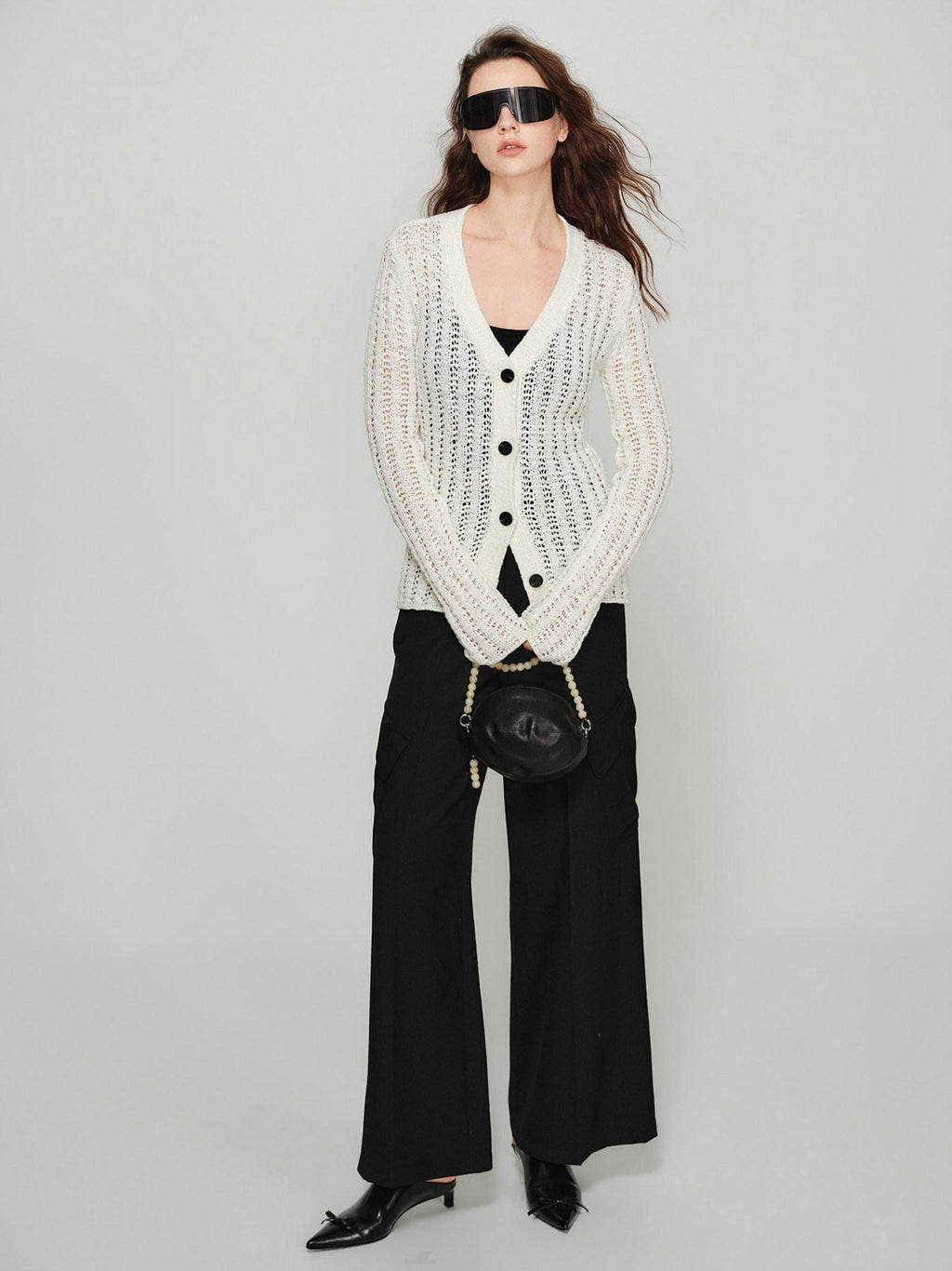 audreyyang Lightweight Openwork Slim V-neck Button Knitted Cotton Women Cardigans