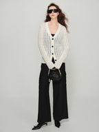 audreyyang Lightweight Openwork Slim V-neck Button Knitted Cotton Women Cardigans