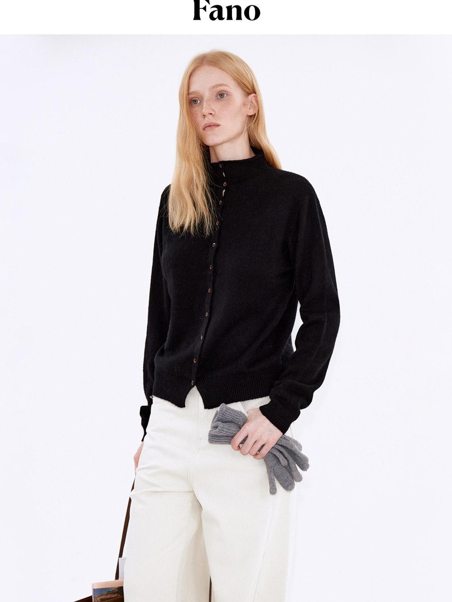 fano Wool Cashmere Blend Warm High Neck Loose Fit Women Button Solid Cardigans