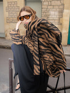 audreyyang Wool Blend Fringe Relaxed Double Breasted Women Zebra Print Blazers