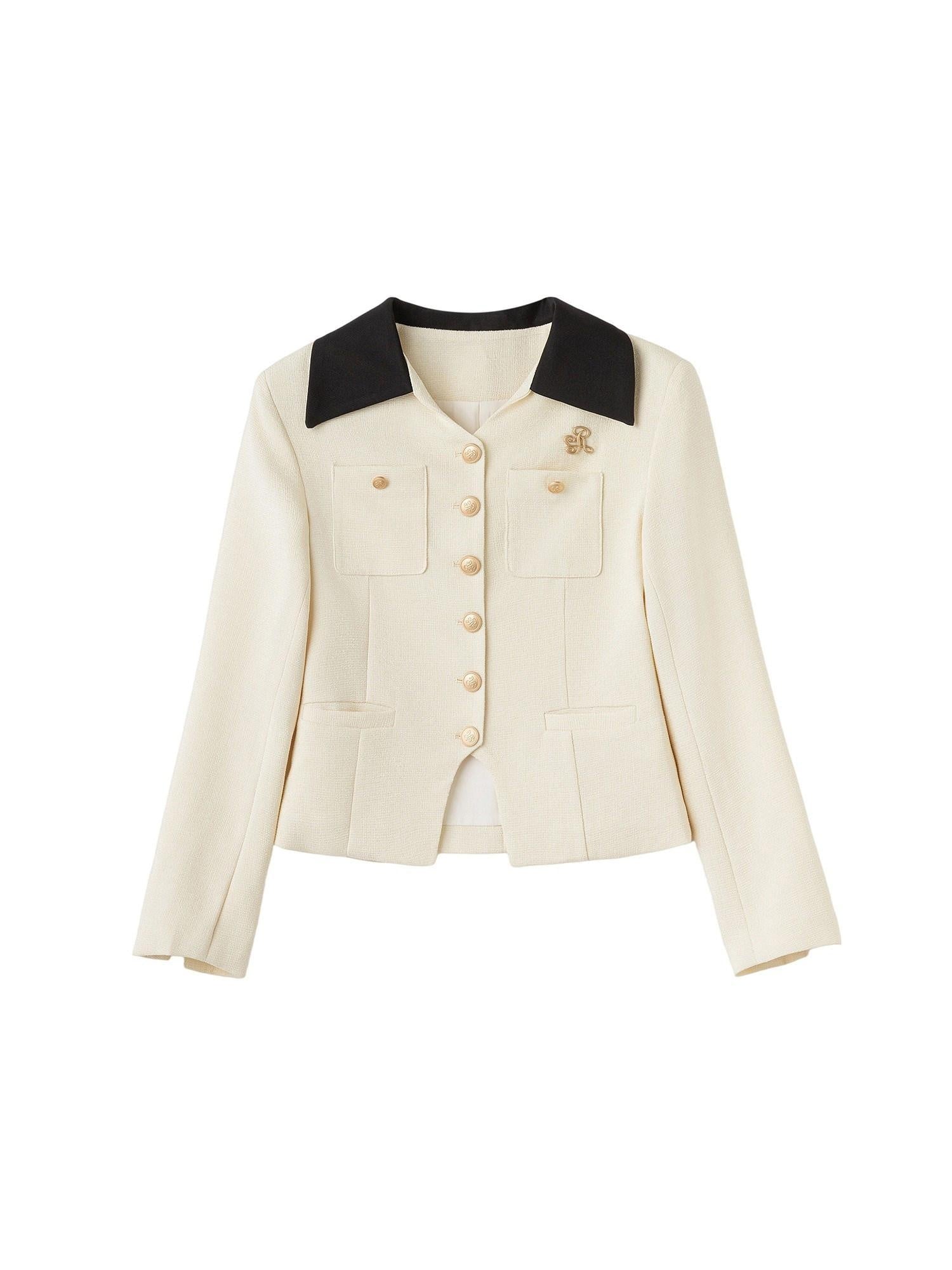 ikyou Office Slim Fit White Lapel Button Multi Pocket Women Cropped Jackets