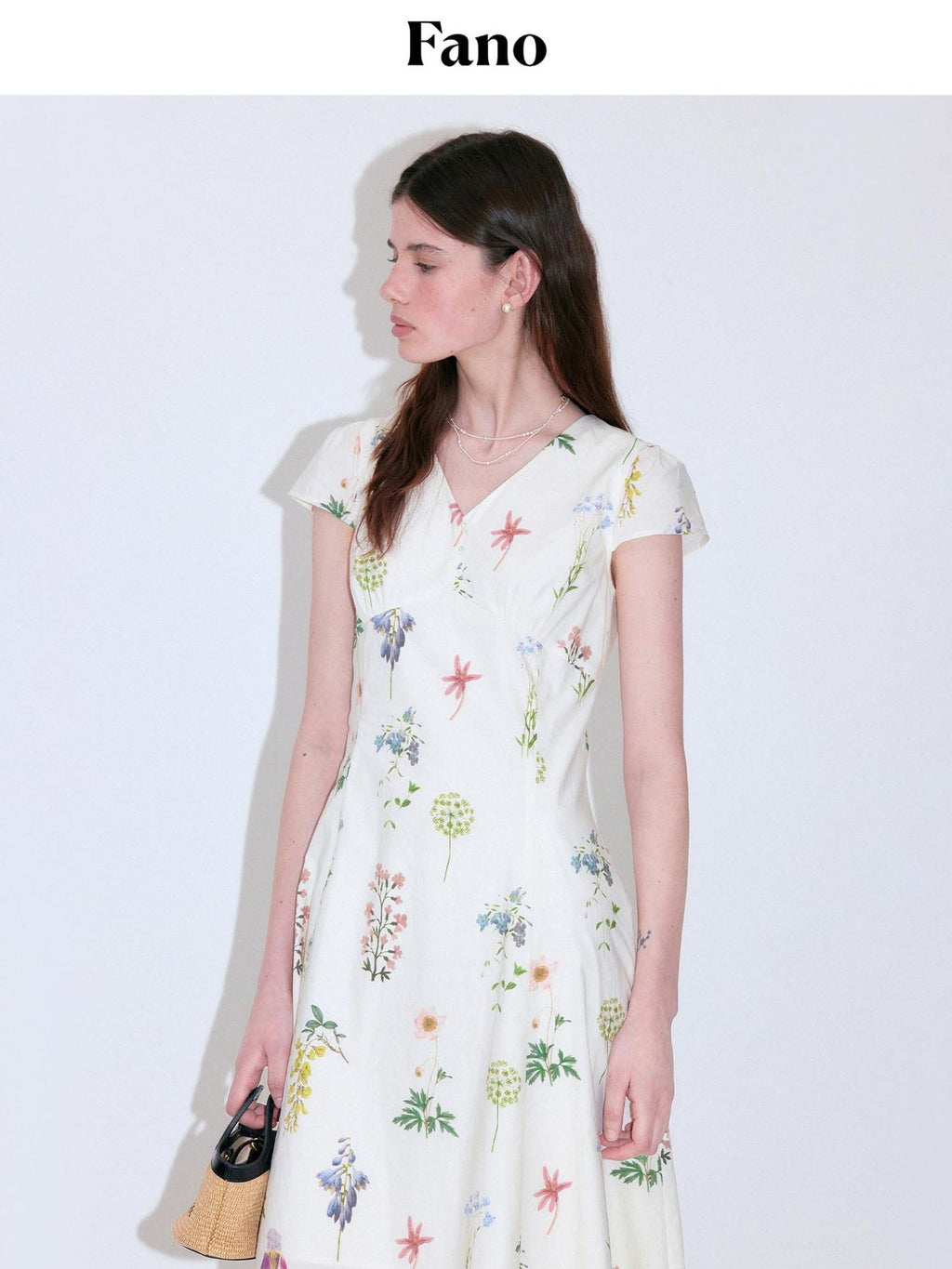 fano Cotton High Waist A Line V-neck Short Sleeve Floral Ivory Korean Maxi Dresses