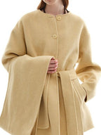 someone sometimes Minimalist Belted Roundneck Single Breasted 50 Percent Wool Yellow Wool Coats