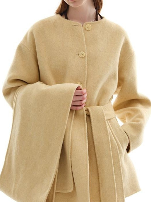 someone sometimes Minimalist Belted Roundneck Single Breasted 50 Percent Wool Yellow Wool Coats