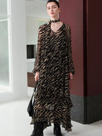audreyyang Soft Viscose Ruffle Casual A Line Zebra V-neck Long Sleeve Maxi Dresses