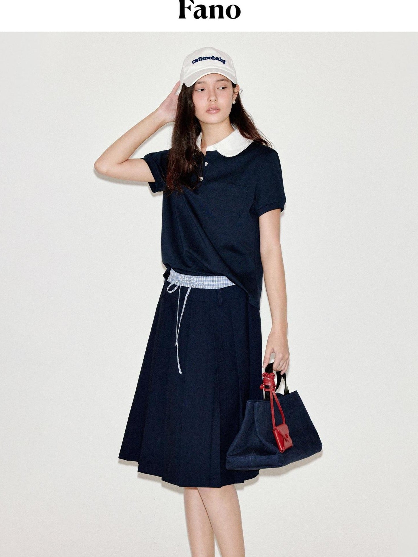 fano Classic Pleated Mid Waist Korean Office Navy Polyester Rayon Midi Skirts