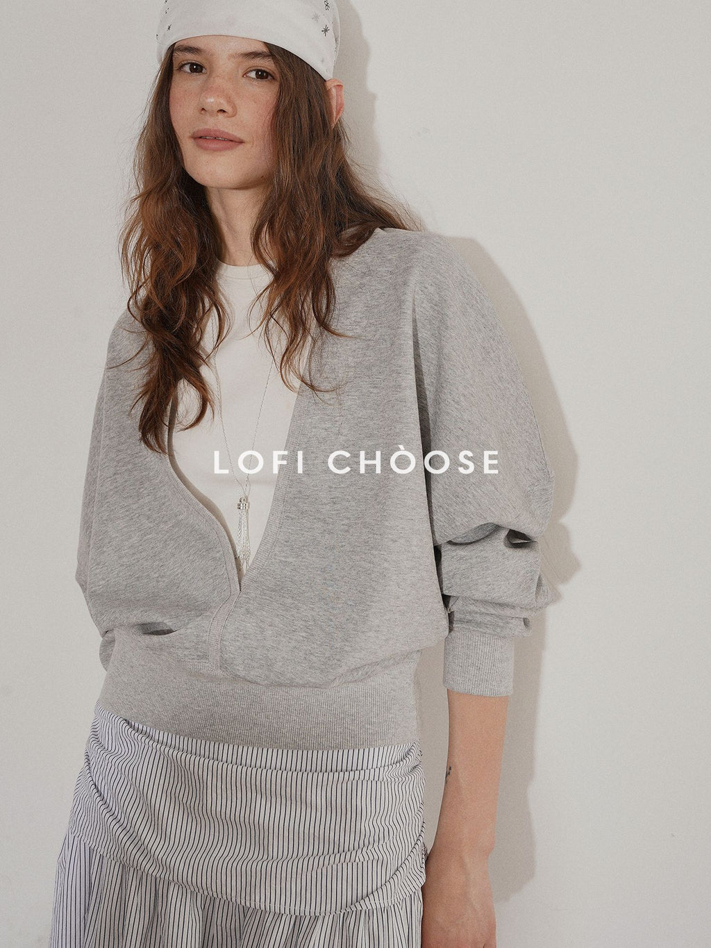 Lofi choose Cotton Blend V-neck Loose Fit Longsleeve Commuter Womens Heather Gray Sweatshirt