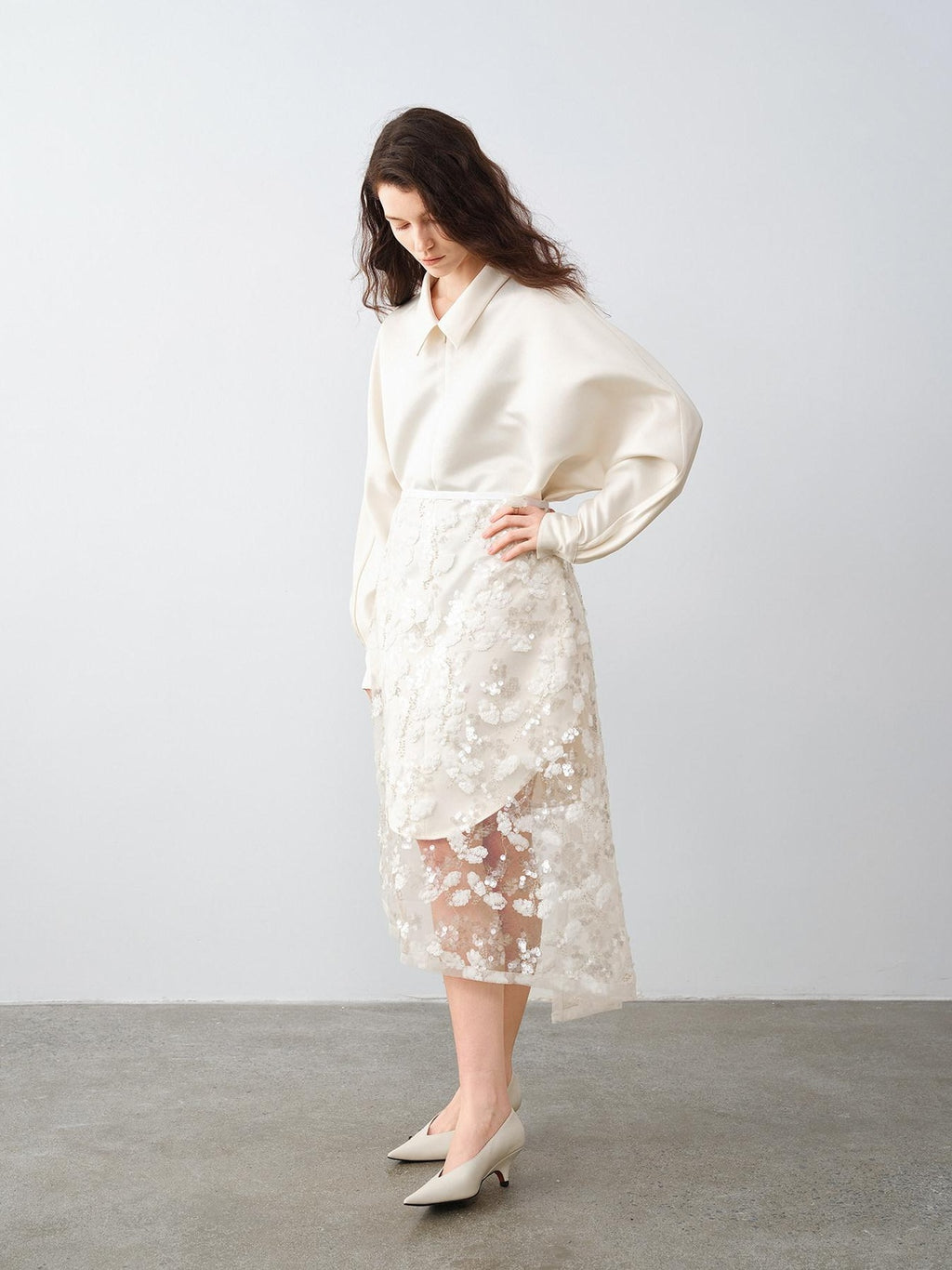 audreyyang Shimmering Sequin Lace Asymmetrical Mid Rise Tie Waist Women White Midi Skirts