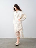 audreyyang Shimmering Sequin Lace Asymmetrical Mid Rise Tie Waist Women White Midi Skirts