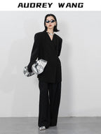 audreyyang Pleated Structured Loose Fit Double Breasted Mid Length Women Office Blazers