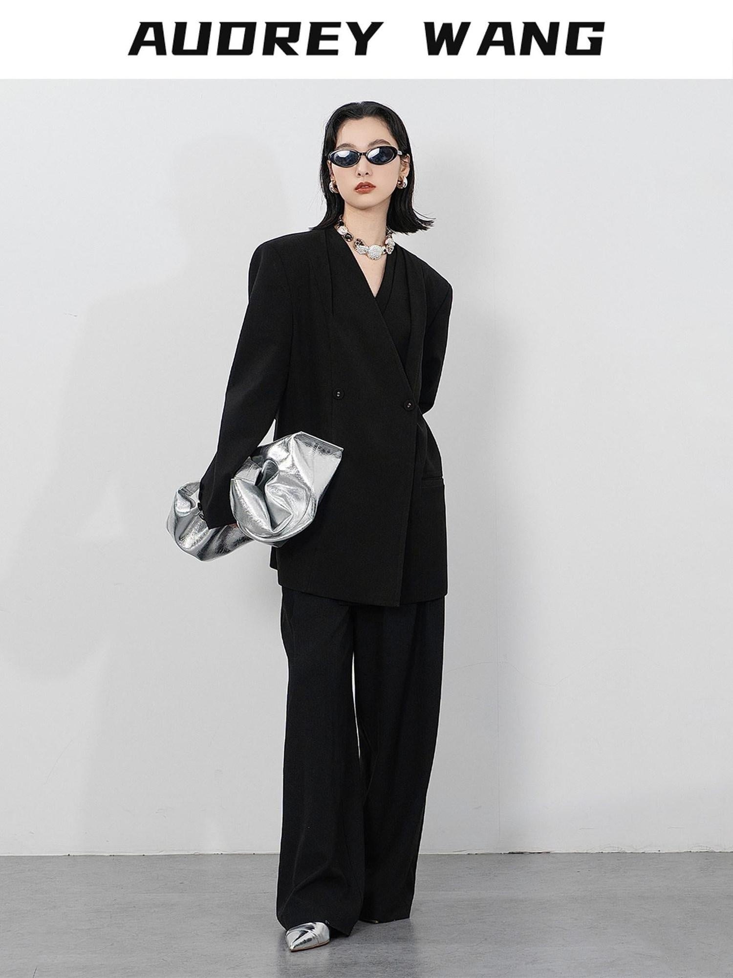 audreyyang Pleated Structured Loose Fit Double Breasted Mid Length Women Office Blazers