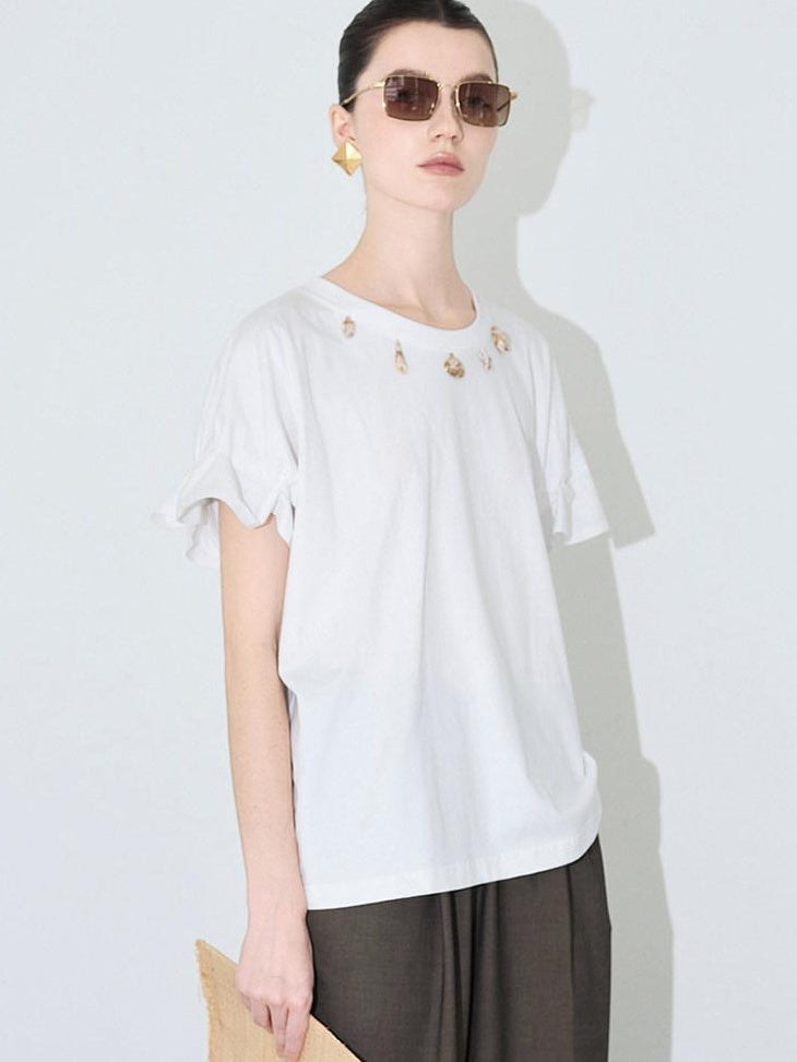 audreyyang Pure Cotton Loose Fit Casual Round Neck Women White Navy Short Sleeve T-Shirts