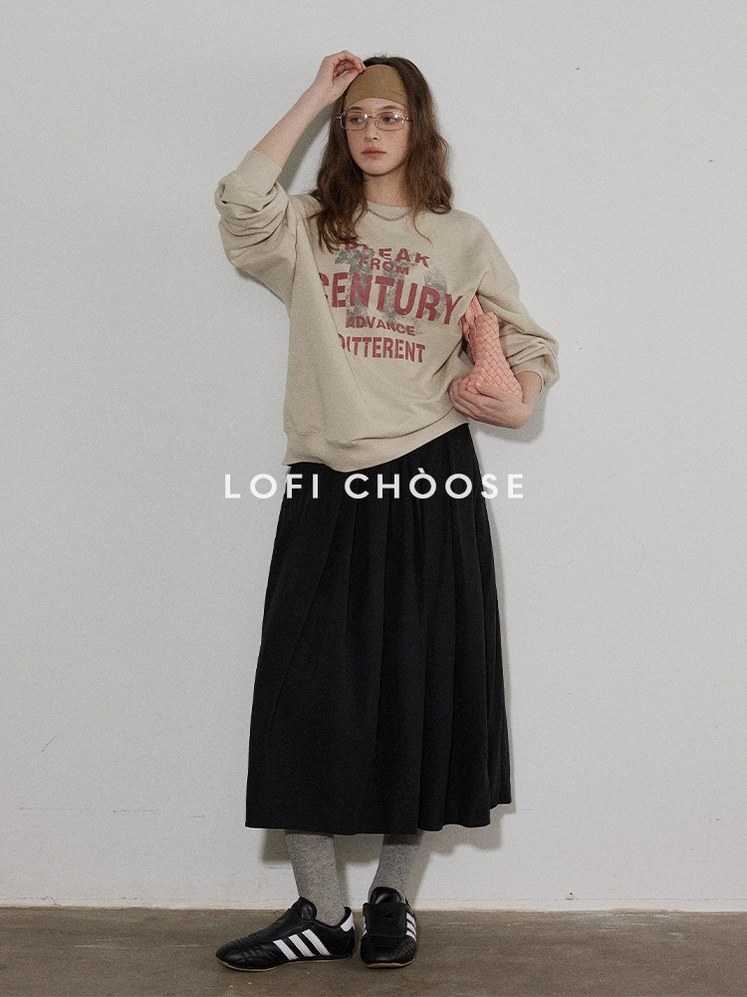 Lofi choose Oversized Letter Print Crewneck Pullover Commuter Style Women Oatmeal Sweatshirt