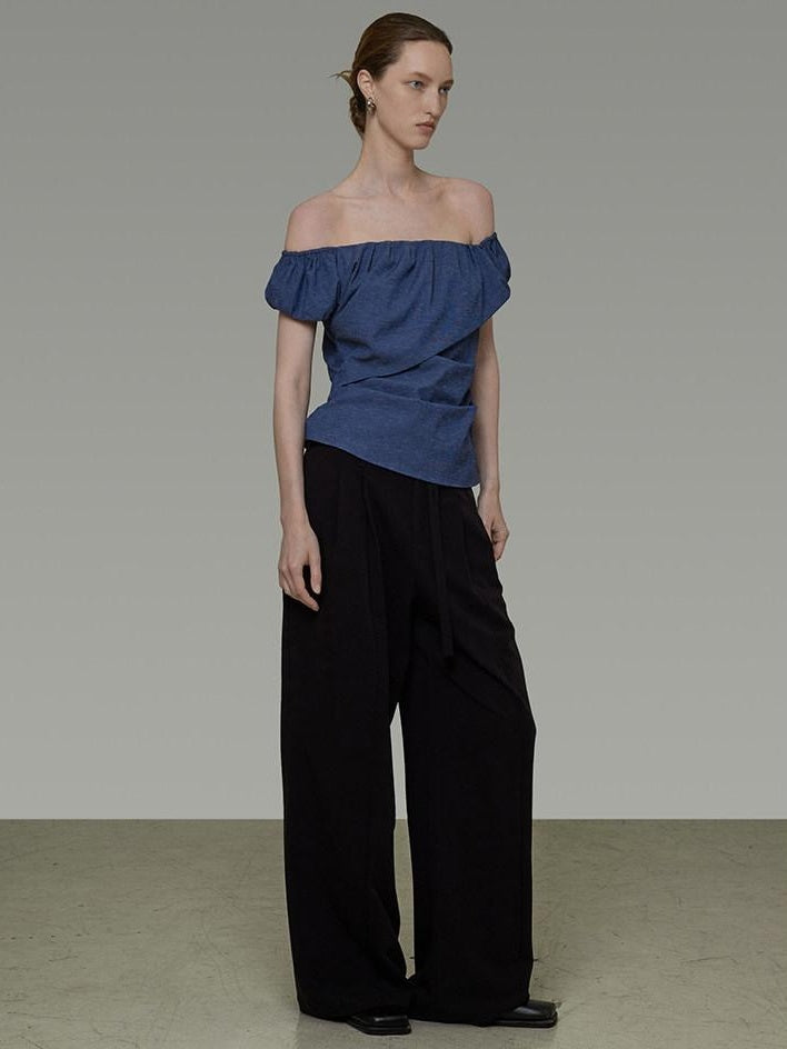 unspoken Wrinkle Resistant Minimalist Slim Asymmetrical Boat Neck Women Blue Blouses