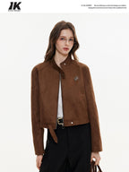 ikyou Durable Vintage Slim 3D Embellished Stand Collar Zip Brown Women Cropped Jackets