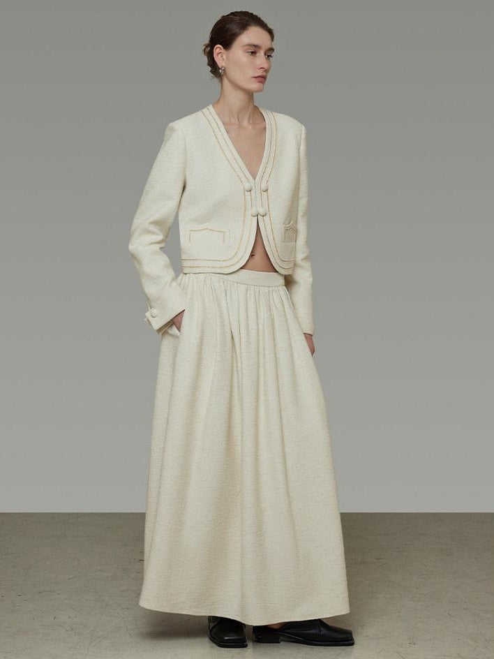 unspoken Cropped V-neck Blazer Tailored Slim High Waist Cotton Office Top & Skirt Sets