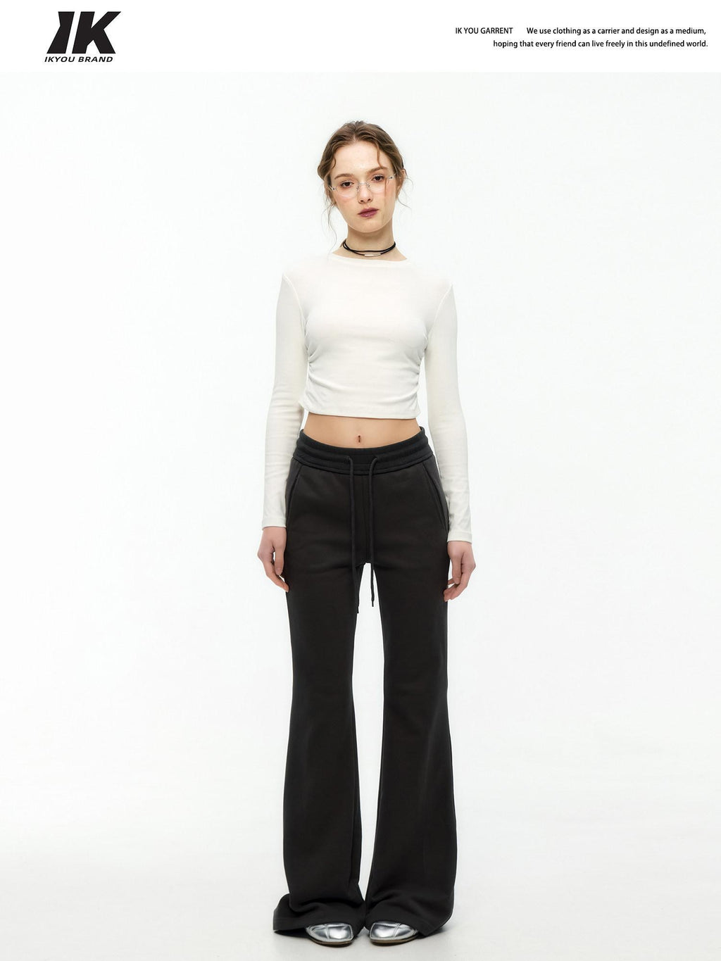 ikyou Minimal Commuter Drawstring Natural Waist Cotton Blend Wrinkle Free Flared Pants