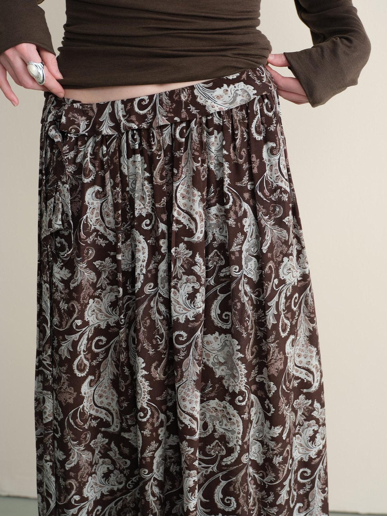 someonesometimes Lace Paisley Tie Mid Waist Relaxed H Line Casual Vacation Ladies Maxi Skirts