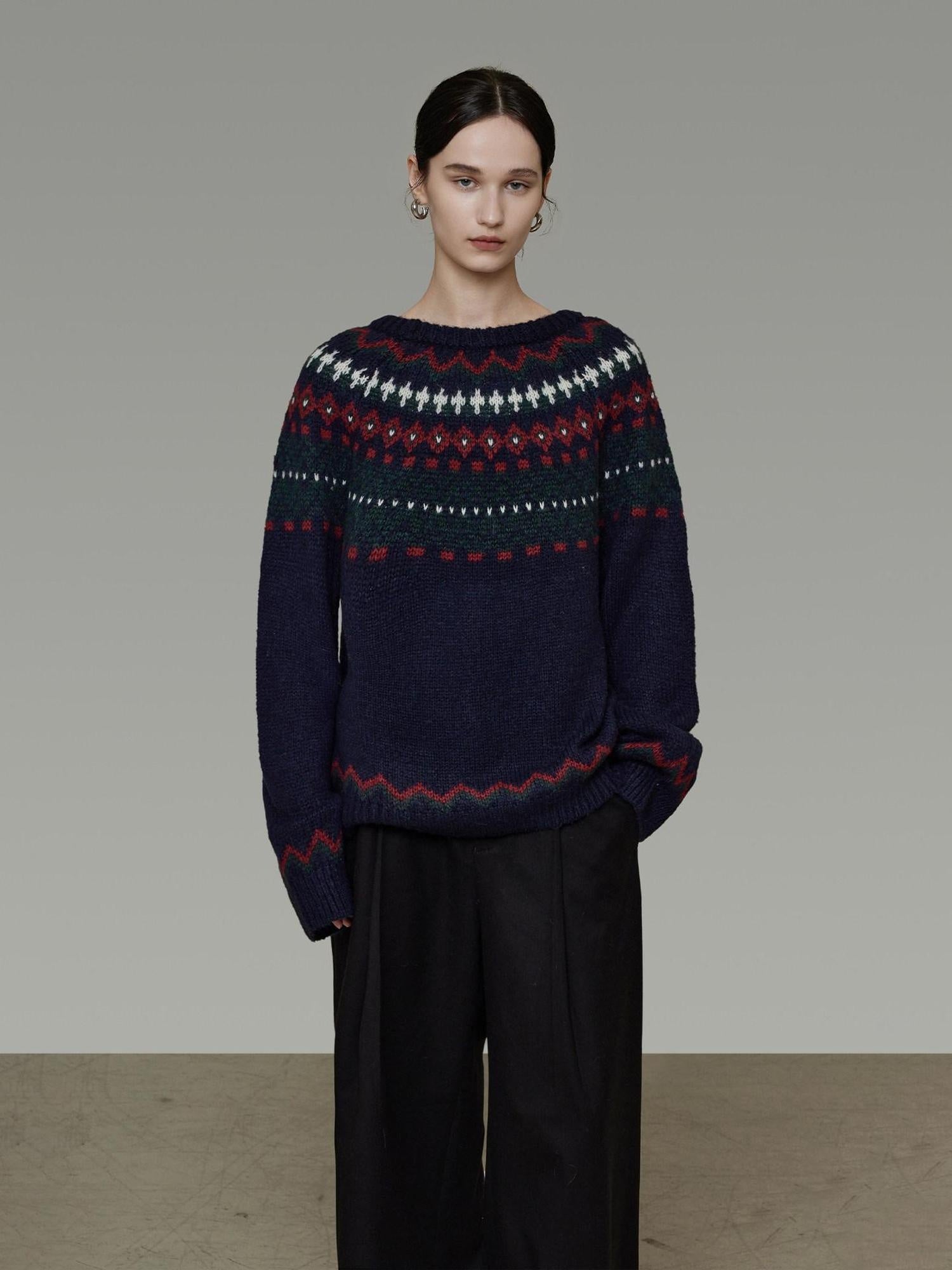 unspoken Warm Jacquard Colorblock Loose Commuter Crewneck Women Acrylic Blend Sweaters