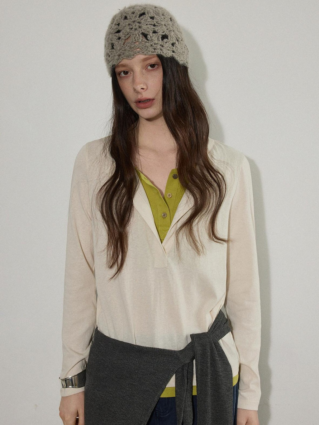 Lofi choose Soft Cotton Blend Faux Layered Loose Fit Women Beige Long Sleeve T-Shirts