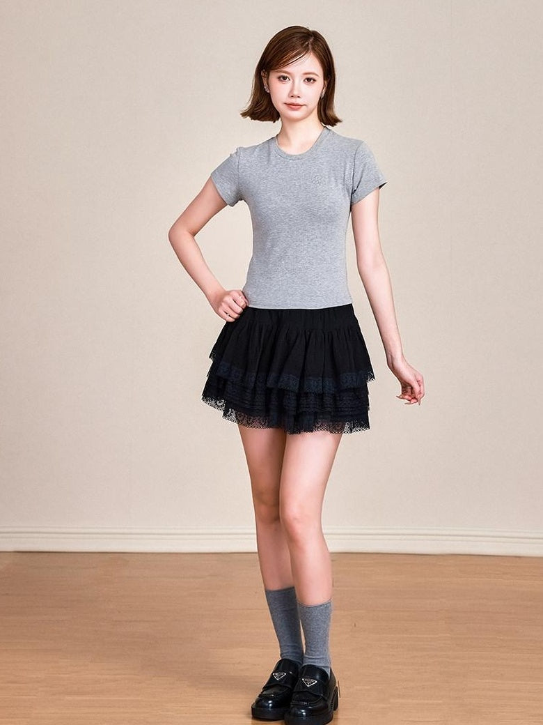 ikyou Pure Cotton Embroidered Slim Fit Short Sleeve Crew Neck Casual Basic Crop Tops