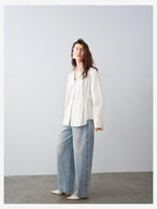 audreyyang Durable Viscose Slim Waist Casual Lapel Button Long Sleeve Blouses