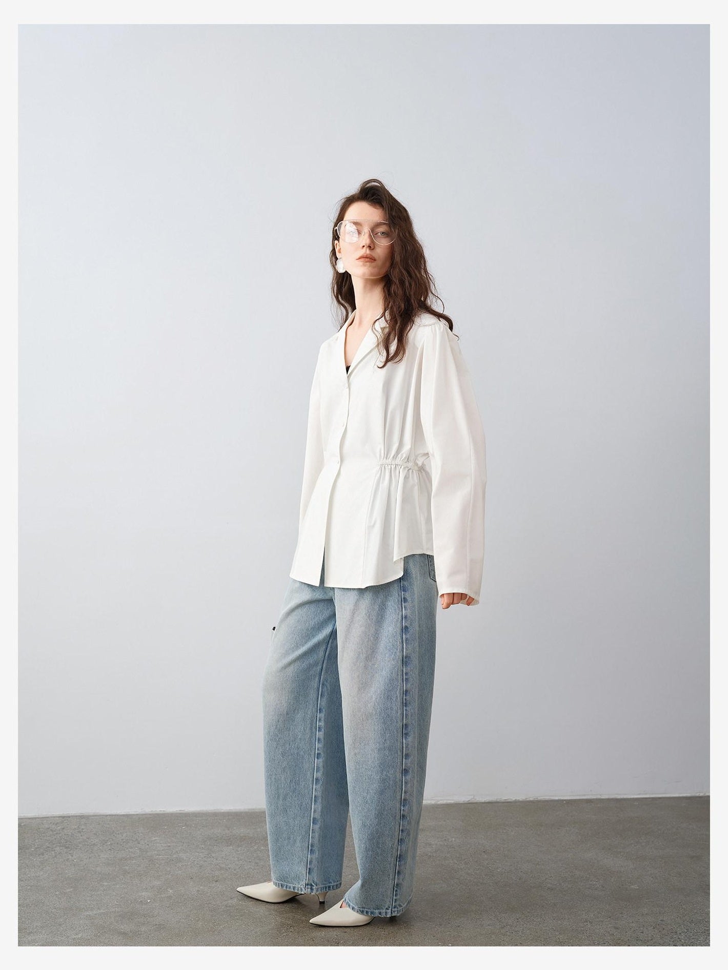 audreyyang Durable Viscose Slim Waist Casual Lapel Button Long Sleeve Blouses