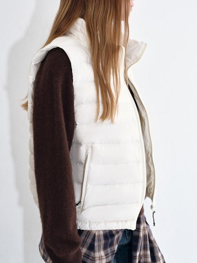 fano 90% White Duck Down Sleeveless Straight Stand Collar Zipper Beige Down Jackets