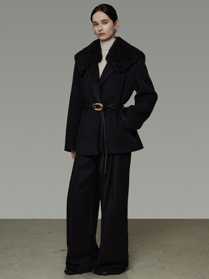 unspoken Fur Collar Thick Mid Length Loose Fit Minimalist Commuter Black Wool Long Coats