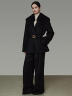 unspoken Fur Collar Thick Mid Length Loose Fit Minimalist Commuter Black Wool Long Coats