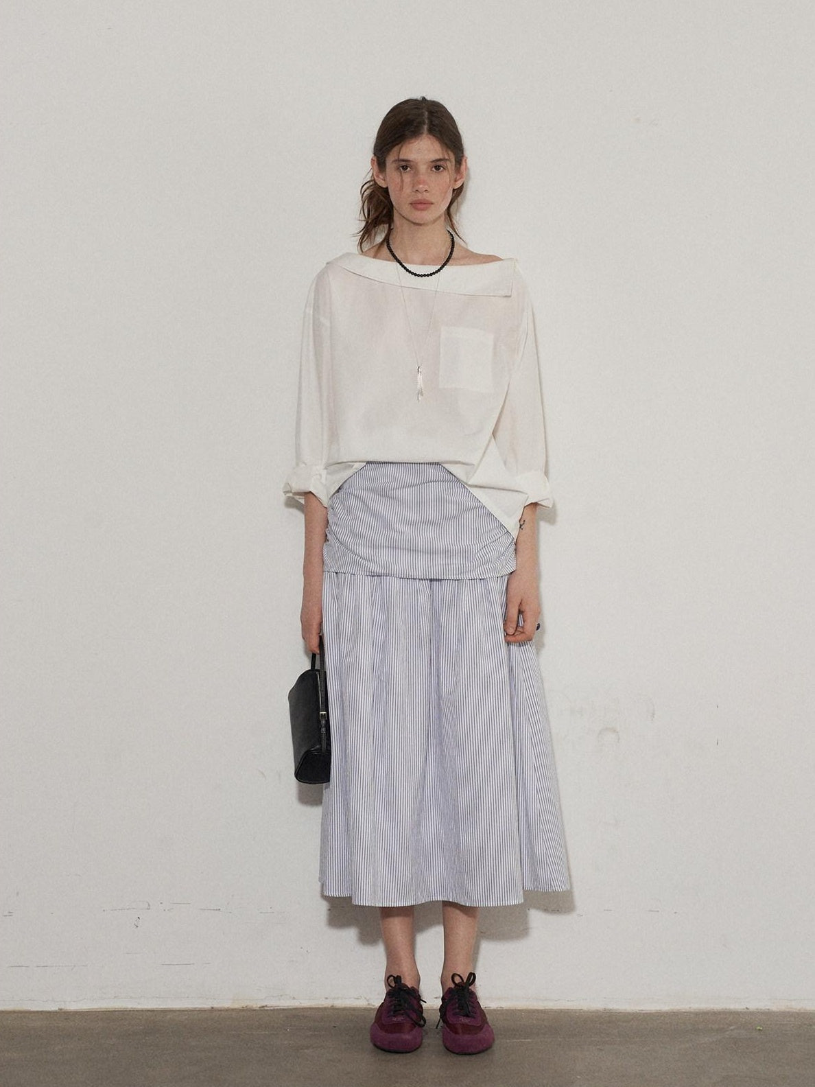 Lofi choose High Waist Cotton Comfort Pleated Loose Fit Office Women Blue Stripe Midi Skirts