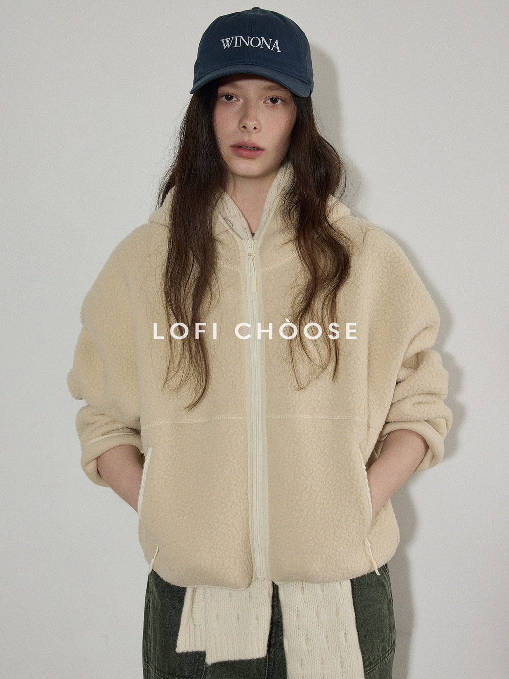 Lofi choose Thick Zippered Hooded Oversized Commuter For Women Apricot Plush Fleece Hoodie