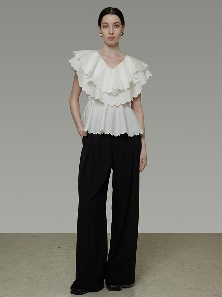 unspoken Breathable Cotton Blend Ruffle Collar Loose Minimal Commuter Women Blouses