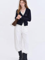 fano Embroidered Letter Slim V-neck Button For Teen Girls Navy Knit Cardigans