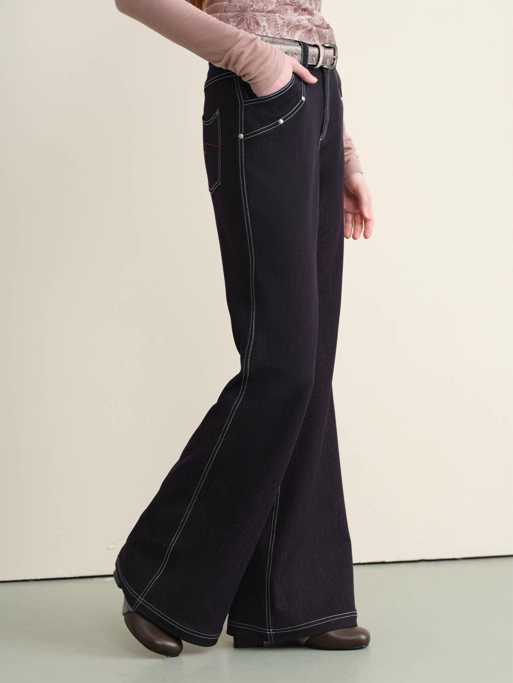 someone sometimes Stretch Minimal Natural Waist Topstitch Detail Women Midnight Blue Flared Jeans