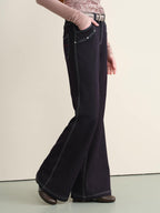 someone sometimes Stretch Minimal Natural Waist Topstitch Detail Women Midnight Blue Flared Jeans