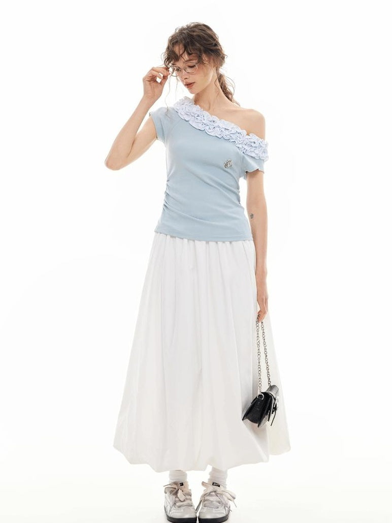 ikyou Wrinkle Free Ruffle Slim Asymmetric Neck Women Solid Blue Short Sleeve T-Shirts
