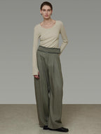 unspoken High Waist Breathable Lyocell Blend Minimal Office Moss Green Wide Leg Pants
