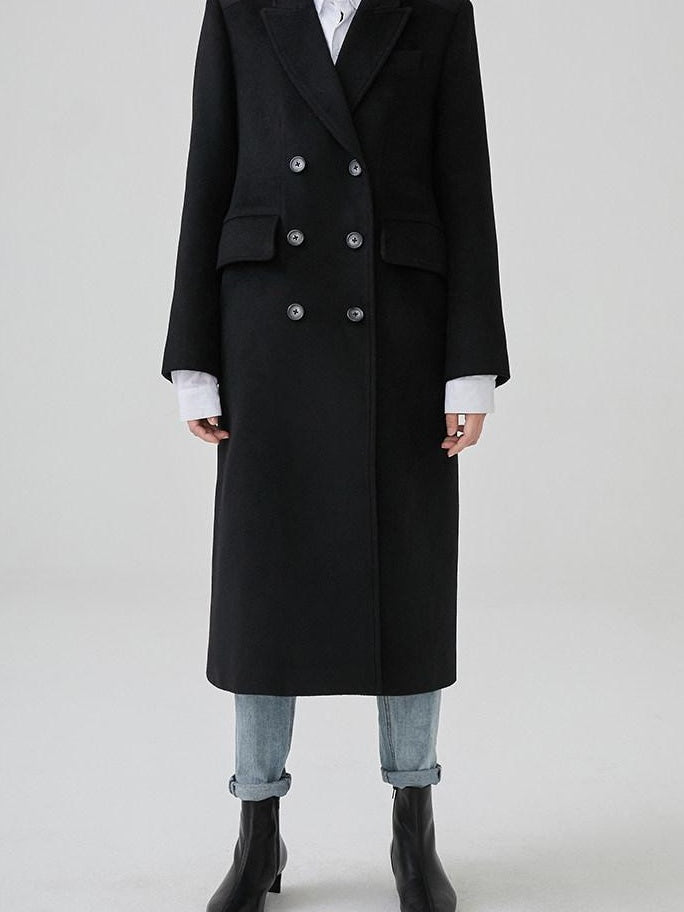 fano Thick Doublebreasted Blazer Collar Commuter Midlength Women Black Long Coats