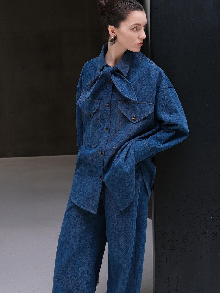 audreyyang Vintage Washed Loose Fit Bow Girls Cotton Patch Pocket Denim Jackets