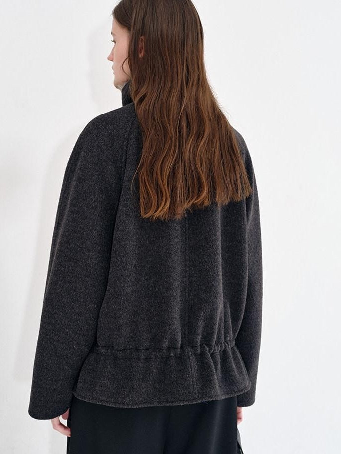 fano Warm Wool Blend Relaxed Stand Collar Drawstring Women Black Gray Short Coat