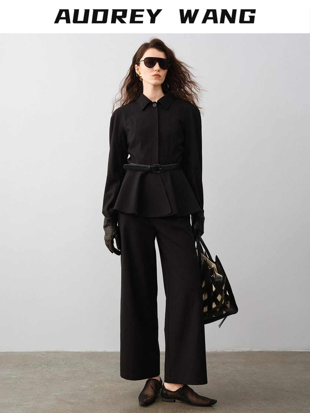 audreyyang Waist Slimming Casual Cropped Lapel Long Sleeve Black Polyester Top & Pants Sets