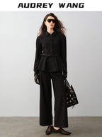 audreyyang Waist Slimming Casual Cropped Lapel Long Sleeve Black Polyester Top & Pants Sets