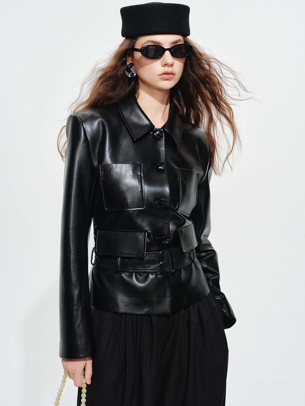 audreyyang Belted Lambskin Slim Fit Short Lapel Long Sleeve Black Genuine Leather Jackets