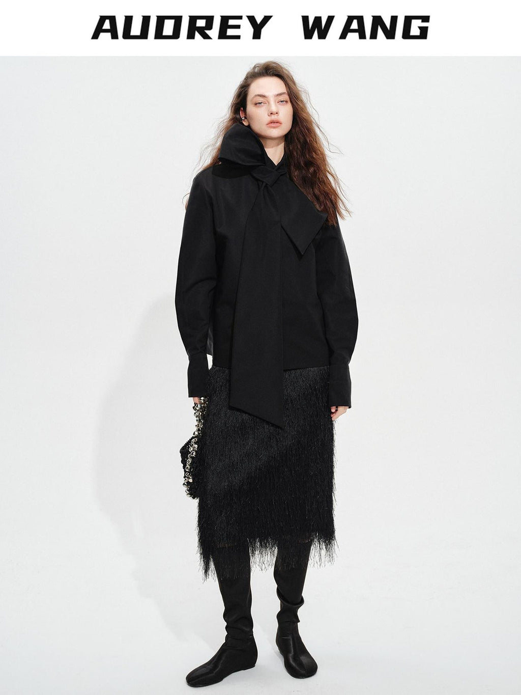 audreyyang Lined Fringed Front Slit Straight Midwaist Elastic Black Polyester Midi Skirts