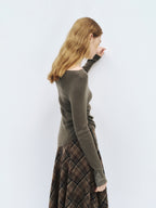 someonesometimes Soft Acrylic Wool Nylon Blend Slim Fit Printed Boat Neck Women Mud Green Sweater