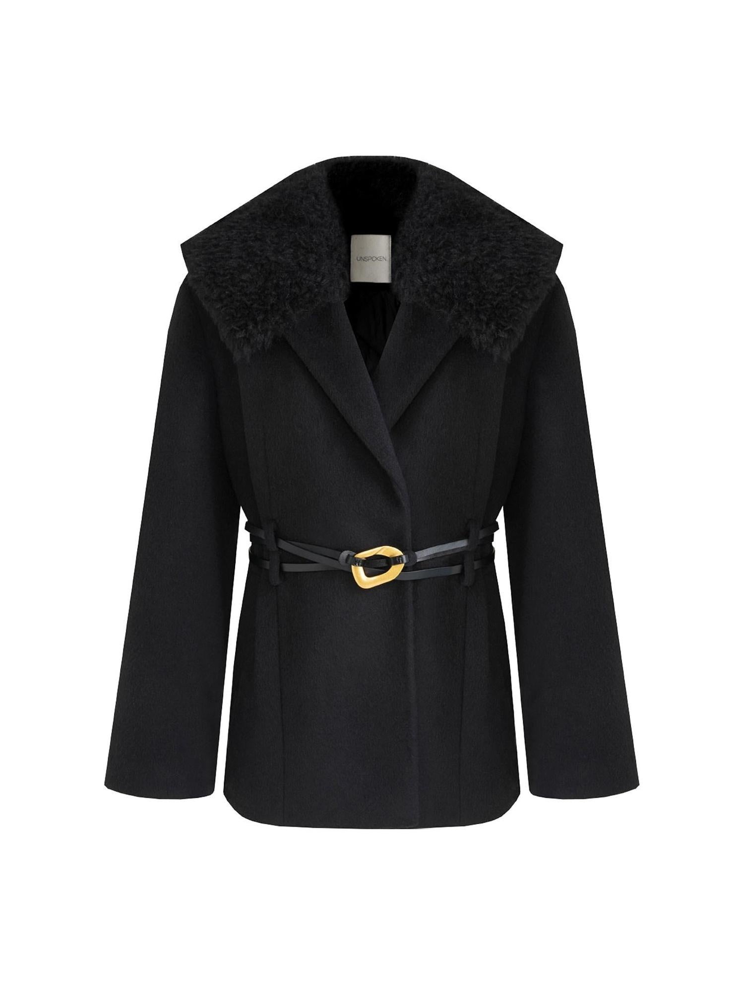 unspoken Fur Collar Thick Mid Length Loose Fit Minimalist Commuter Black Wool Long Coats