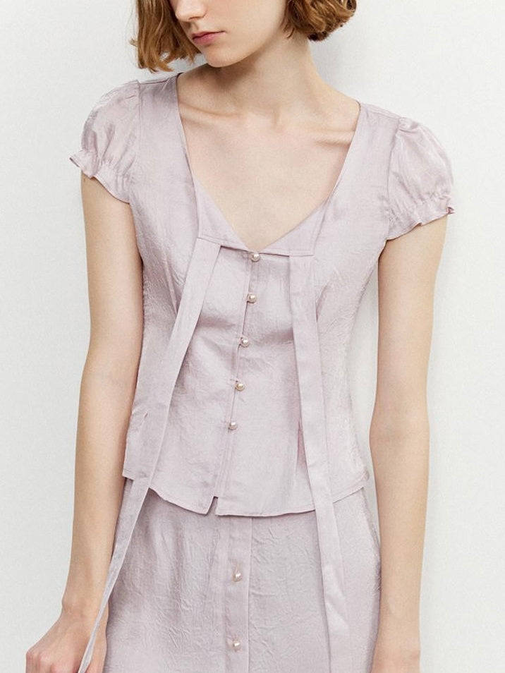 someone sometimes Tie Front V-neck Puff Sleeve Slim Casual Love Print Acetate Women Blouses