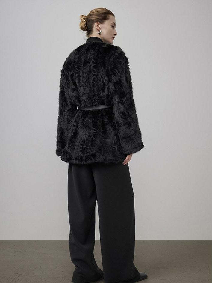 unspoken Faux Fur Lined Minimal Oversized Womens Black Round Neck Long Sleeve Short Coat